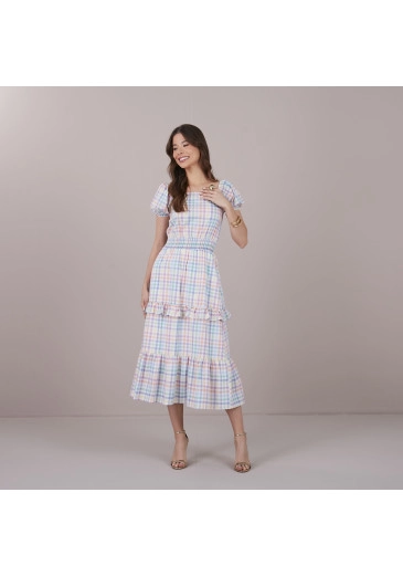 Vestido Marcela Em Cotton Mariah Xadrez Azul Tatá Martello Primavera/Verão 2025