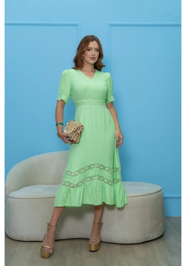 Vestido Em Max em Cambraia Com Rendas Verde Luciana Pais Alto Verão 2025