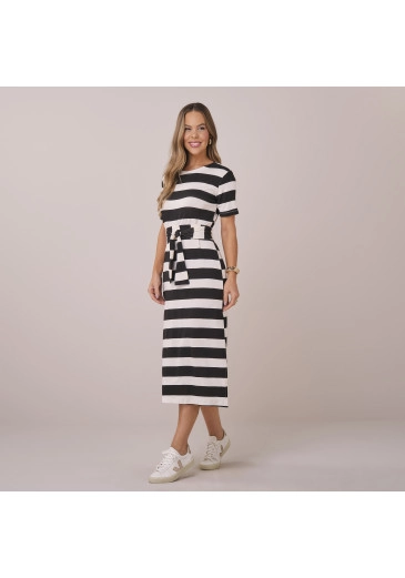 Vestido  Midi Marisa Em Malha Listrada Preto Tatá Martello Primavera/Verão 2026