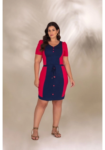 Conjunto Plus Size Confeccionado Em Malha Lisa Azul Com Vermelho Hadaza Alto Verão 2024