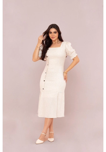 Vestido Em Linho Midi Off White Mulher Morena Outono/Inverno 2025