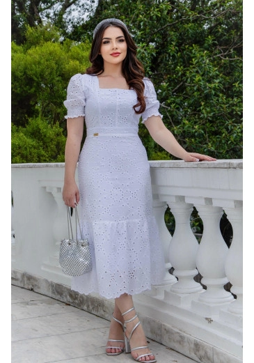 Vestido Laísa Em Branco Midi Manga Com Laxtex Maria Amore Alto Verão 2024