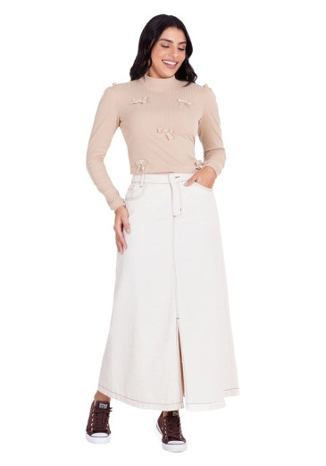 Blusa Acália Em Malha Canelada Gola Alta Bege Hapuk Outono/Inverno 2024