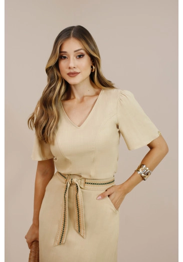 Blusa Clevia Em Decote V Bege Nitido Outono/Inverno 2026