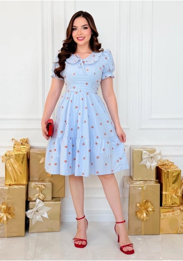 Vestido Érica Em Tricoline Azul Maria Amore Primavera/Verão 2026