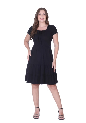 Vestido Angela Em Malha Piquet Mangas Bordadas Preto Hapuk Alto Verão 2025
