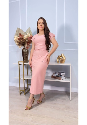 Vestido Em Malha Com Efeito Linho Rosa Mulher Morena Alto Verão 2025
