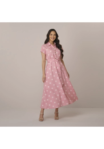Vestido Janaina Em Linho Poa Rosa Tatá Martello  Primavera/Verão 2027