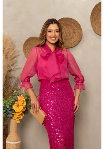 Camisa Em Organza Com Gola Laço E Regata Rosa Luciana Pais Primavera/Verão 2025