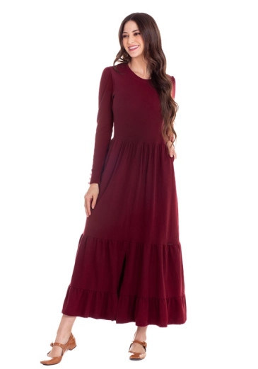  Vestido Judite Malha Piquet Manga Com Punho Bordô Hapuk Outono/Inverno 2024
