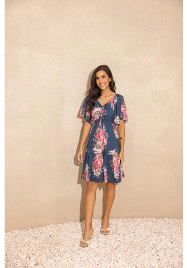 Vestido Lariele Em Toque De Seda Estampa Exclusiva Azul Jany Pim Primavera/Verão 2026