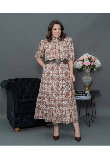 Vestido Midi Max Gola Alta Toque De Seda Marrom Kauly Outono/Inverno 2025