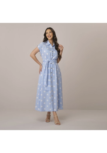 Vestido Janaina Em Linho Poa Azul Tatá Martello  Primavera/Verão 2027
