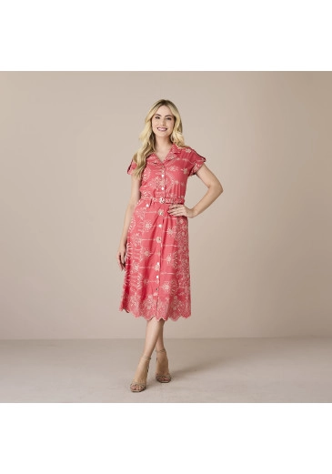 Vestido Elvira Em Laise Com Cinto Botões Funcionais Coral Tatá Martello Alto Verão 2025