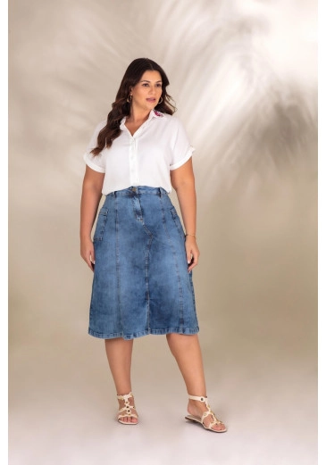 Saia Jeans Plus Size Midi Bosos Laterais Botões Funcionais Hadaza Alto Verão 2024
