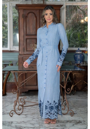 Vestido Viscose Listrado Com Detalhe Azul Luciana Pais Primavera/Verão 2024