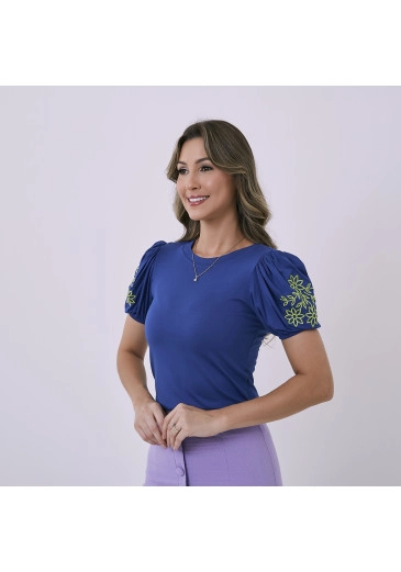 Blusa Lucia Malha Viscolycra Premium Com Bordado Azul Tata Martello Alto Verão 2024