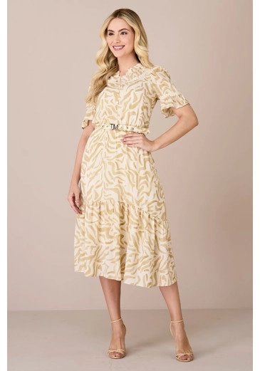 Vestido Mayra em Crepe New Estampado com Cinto Bege Tatá Martello Alto Verão 2025 
