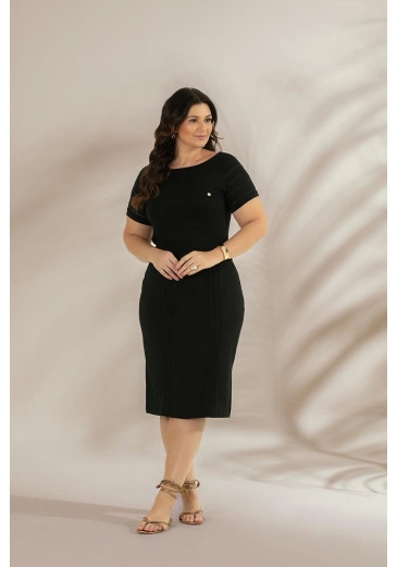 Saia Midi Plus Size De Malha Lisa Com Nervuras Preta Hadaza Primavera/Verão 2024