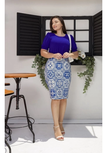 Saia Telma em Malha Montaria Estampa Azul Maria Amore Primavera/Verão 2025