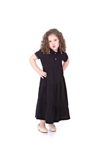 Vestido Queila Infantil Preto Em Malha Com Gola Polo Detalhes Em Friso Hapuk Primavera/Verão 2024