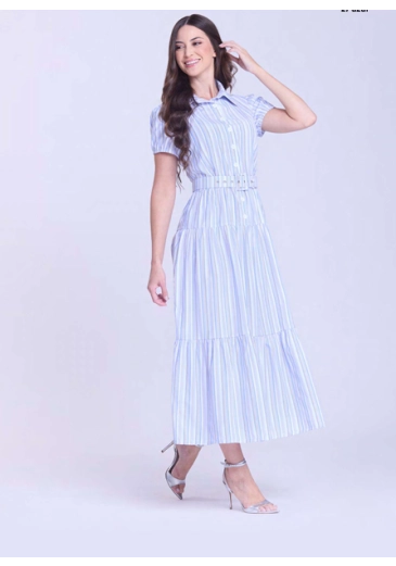 Vestido Paula Em Tecido Plano Listrado Azul Hapuk  Outono/Inverno 2026