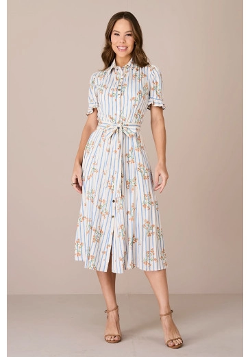 Vestido Paula Em Viscose Mia Com Botões Funcionais Estampado Azul Tatá Martello Alto Verão 2025