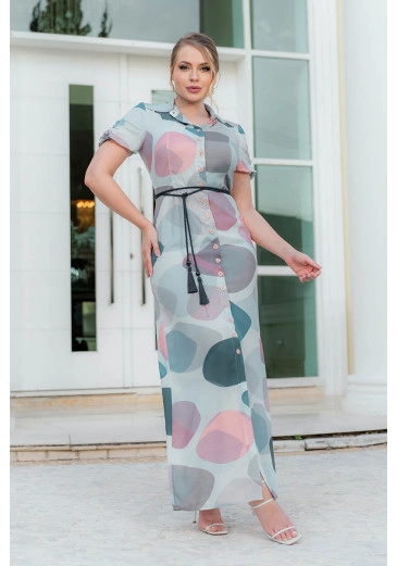 Vestido Chemissiê Longo Em Crepe Franzido Na Manga Cinto Corda Estampado Kauly Alto Verão 2024