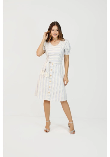 Vestido Ellie Em Linho Listrado Nítido  Outono/Inverno 2025