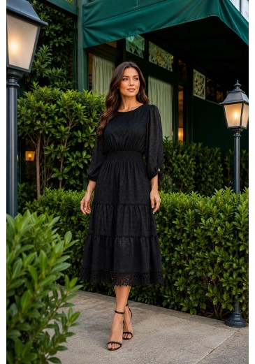 Vestido Lana Em Chiffon Trabalhado Preto Maria Amore Outono/Inverno 2026