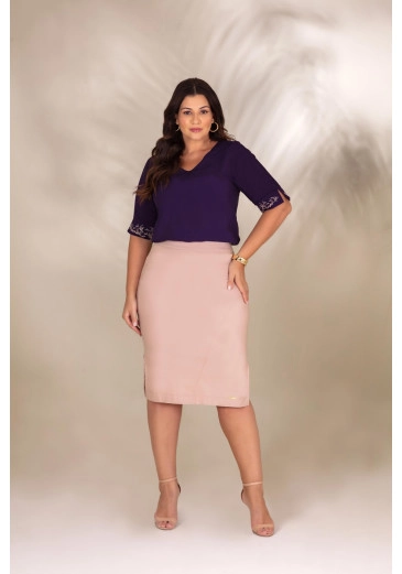 Blusa Plus Size Azul Manga 3/4 Decote Em V Hadaza Alto Verão 2024