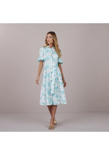Vestido Eduarda Em Voil Bordado Slub Com Botões Funcionais Azul Tatá Martello Primavera/Verão 2025