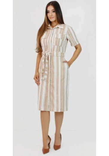 Vestido Chemissie Larissa Em Linho Listrado Bege Nítido Outono/Inverno 2025