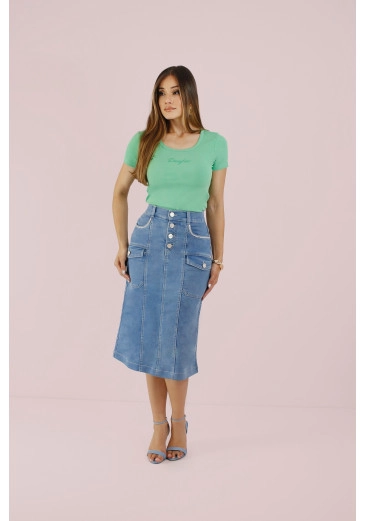 Saia Alice Em Jeans Midi Lavagem Délavé Nitido Outono/Inverno 2026