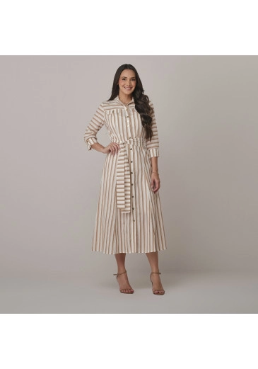 Vestido Safira Em Algodão Listrado Bege Tata Martello  Outono/Inverno 2026