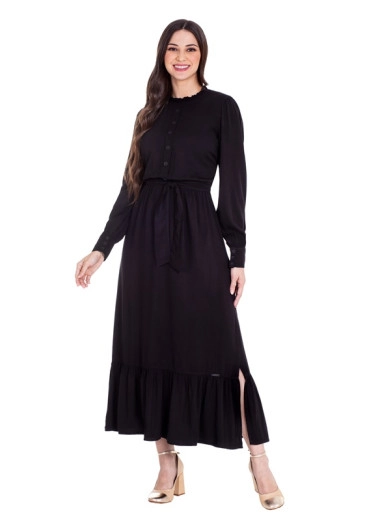 Vestido Donia Em Tecido Plano Com Babadinho Preto Hapuk Outono/Inverno 2024