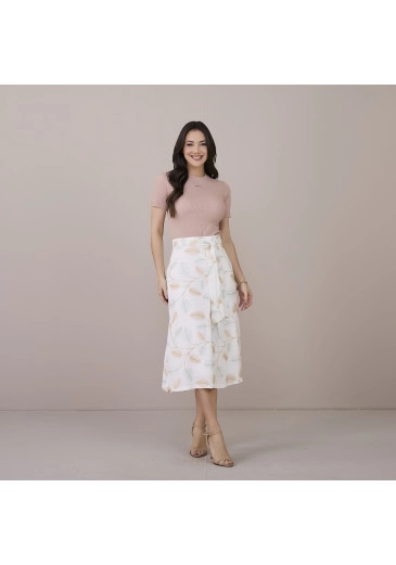 Saia Yolanda em Rayon Slub Bordado Estampa Bege Tatá Martello Primavera/Verão 2025 