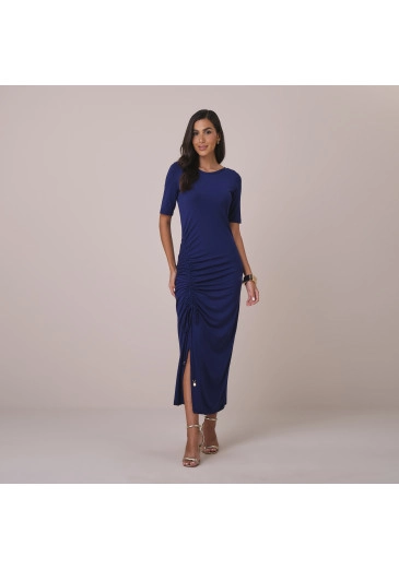 Vestido Vitoria Em Malha Vicolycra Azul Marinho Tatá Martello Primavera/Verão 2026