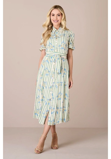 Vestido Paula Em Viscose Mia Com Botões Funcionais Estampado Verde Tatá Martello Alto Verão 2025