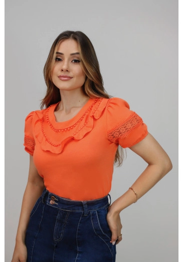 Blusa Yahari Em Malha Com Guipir Laranja Nítido Alto Verão 2025