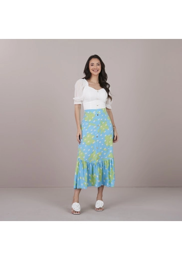 Saia Milene em Viscose Azul Estampada Tatá Martello Primavera/Verão 2025 