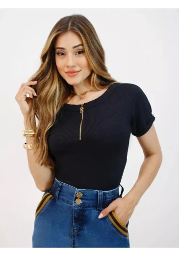 Blusa Paula Em Malha Canelada Preta Nitido  Primavera/Verão 2026
