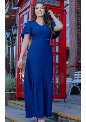 Vestido Mariah Crepe Maquinetado Azul Maria Amore Outono/Inverno 2024