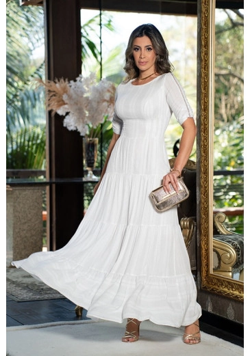 Vestido Branco Com Listras Lurex Luciana Pais Primavera/Verão 2024