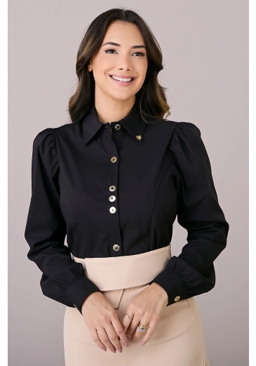 Camisa Giovana Preto Em Tricoline de Poliamida Tatá Martello Outono/Inverno 2025