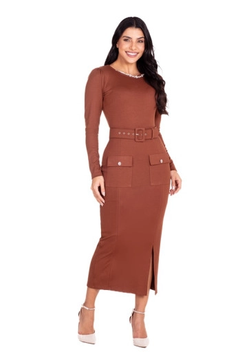 Vestido Salomé Em Ponto Roma Marrom Hapuk Outono/Inverno 2024
