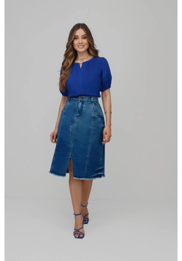 Saia Jeruza Jeans Midi com Barra Desfiada Nítido Primavera/Verão 2025
