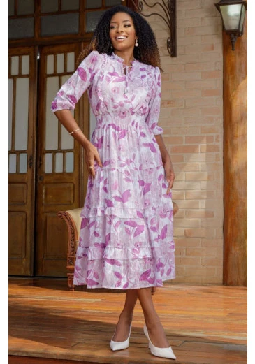 Vestido Daisy Em Chiffon Estampado Rosa Maria Amore Outono/Inverno 2025