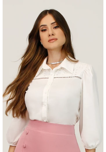Camisa Estela De Tricoline Em Laise Com Detalhe Em Guipir Branca Nítido Primavera/Verão 2025