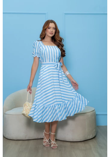 Vestido Max Em Crepe Airflow Listrado Azul Luciana Pais Alto Verão 2025